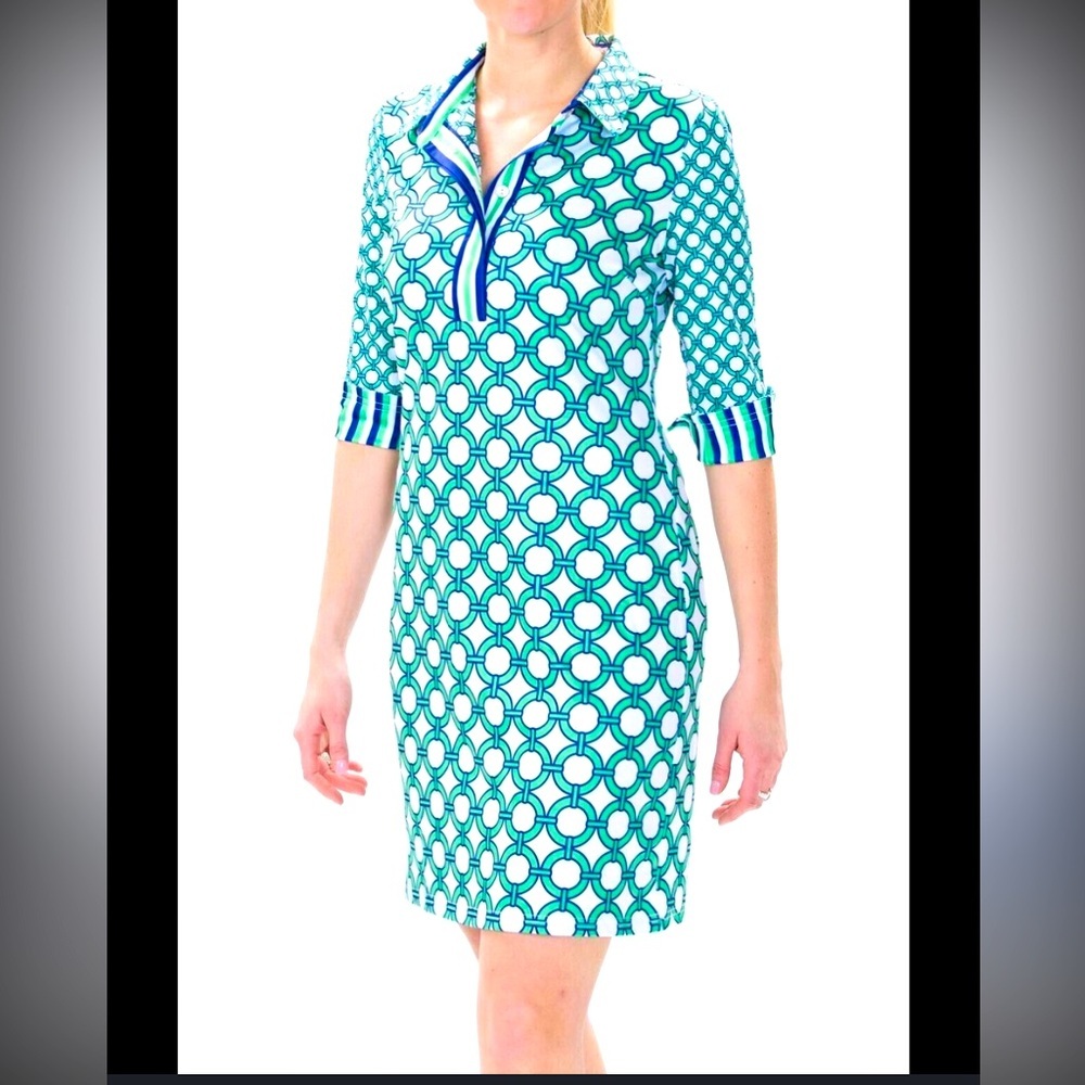 Gretchen Scott Everywhere Dress
 Green Blue Lifesaver print classic fall preppy